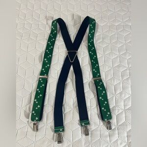 Vintage Pelican Green Shamrock Clover Suspenders Navy Backside ONE SIZE